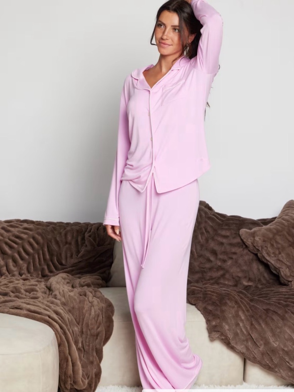 Comfrt Luna Lounge Long Sleeve Pant PJ Set peony pink L